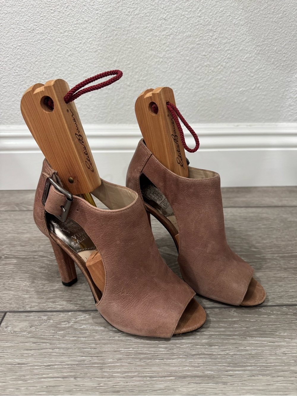 Vince Camuto Open-Toe Suede High-Heel Booties in Mauve